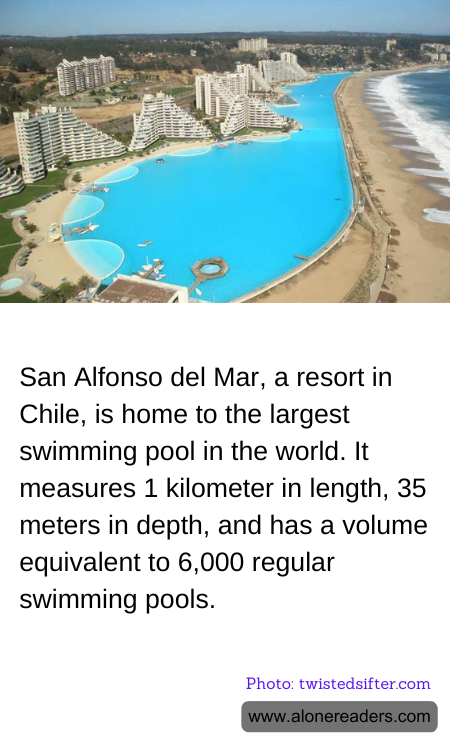 San Alfonso del Mar, a resort in Chile, is home to the largest swimming pool in the world. It measures 1 kilometer in length, 35 meters in depth, and has a volume equivalent to 6,000 regular swimming pools.
