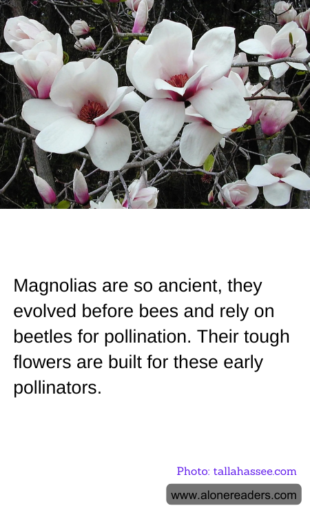 Magnolias are so ancient, they evolved before bees and rely on beetles for pollination. Their tough flowers are built for these early pollinators.