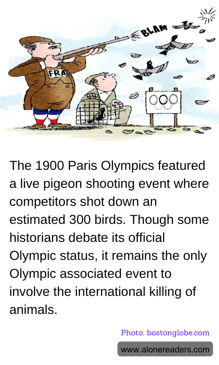 The 1900 Paris Olympics featured a live pigeon shooting event where competitors shot down an estimated 300 birds. Though some historians debate its official Olympic status, it remains the only Olympic associated event to involve the international killing of animals.