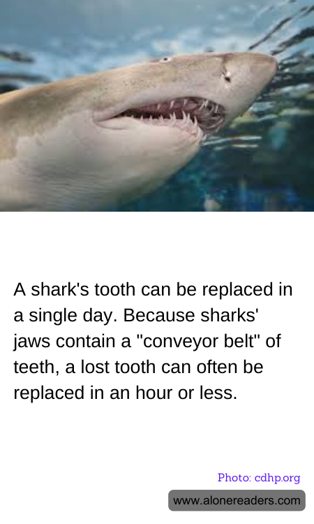 A shark's tooth can be replaced in a single day. Because sharks' jaws contain a "conveyor belt" of teeth, a lost tooth can often be replaced in an hour or less.