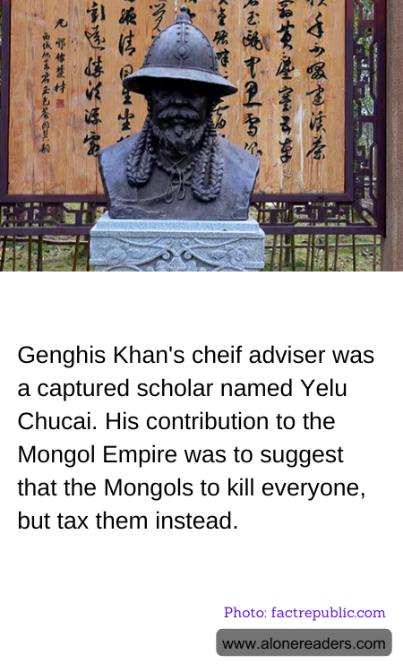 Genghis Khan's cheif adviser was a captured scholar named Yelu Chucai. His contribution to the Mongol Empire was to suggest that the Mongols to kill everyone, but tax them instead.