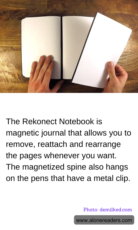 The Rekonect Notebook is magnetic journal that allows you to remove, reattach and rearrange the pages whenever you want. The magnetized spine also hangs on the pens that have a metal clip.