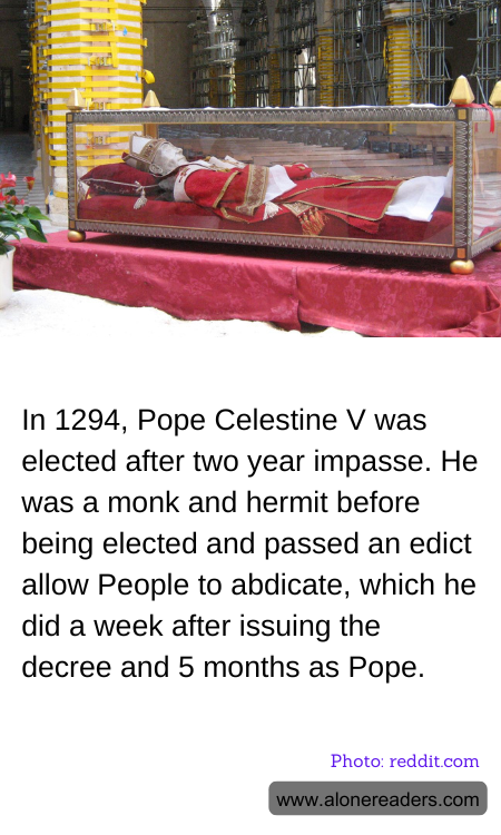 In 1294, Pope Celestine V was elected after two year impasse. He was a monk and hermit before being elected and passed an edict allow People to abdicate, which he did a week after issuing the decree and 5 months as Pope.