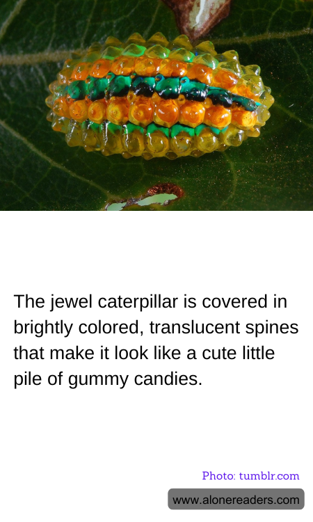 The jewel caterpillar is covered in brightly colored, translucent spines that make it look like a cute little pile of gummy candies.