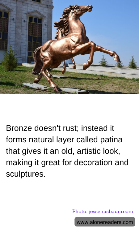 Bronze doesn't rust; instead it forms natural layer called patina that gives it an old, artistic look, making it great for decoration and sculptures.