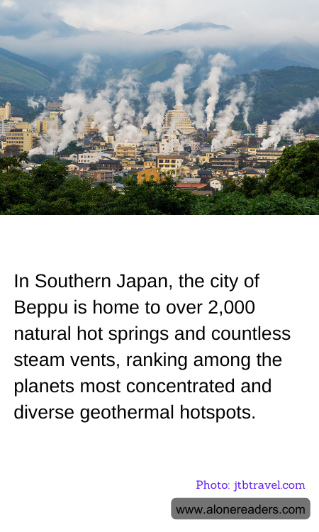 In Southern Japan, the city of Beppu is home to over 2,000 natural hot springs and countless steam vents, ranking among the planets most concentrated and diverse geothermal hotspots.