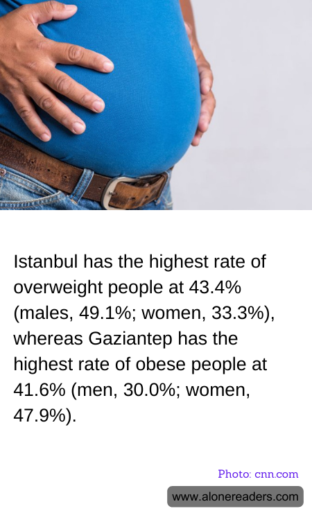 Istanbul has the highest rate of overweight people at 43.4% (males, 49.1%; women, 33.3%), whereas Gaziantep has the highest rate of obese people at 41.6% (men, 30.0%; women, 47.9%).