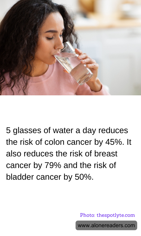 5 glasses of water a day reduces the risk of colon cancer by 45%. It also reduces the risk of breast cancer by 79% and the risk of bladder cancer by 50%.