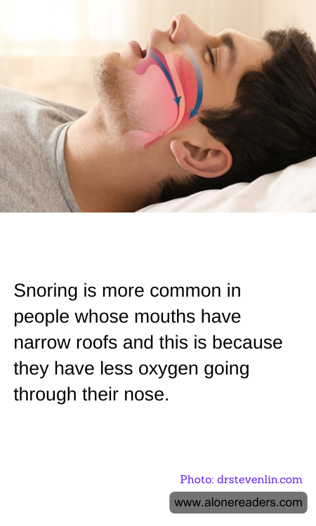 Snoring is more common in people whose mouths have narrow roofs and this is because they have less oxygen going through their nose.