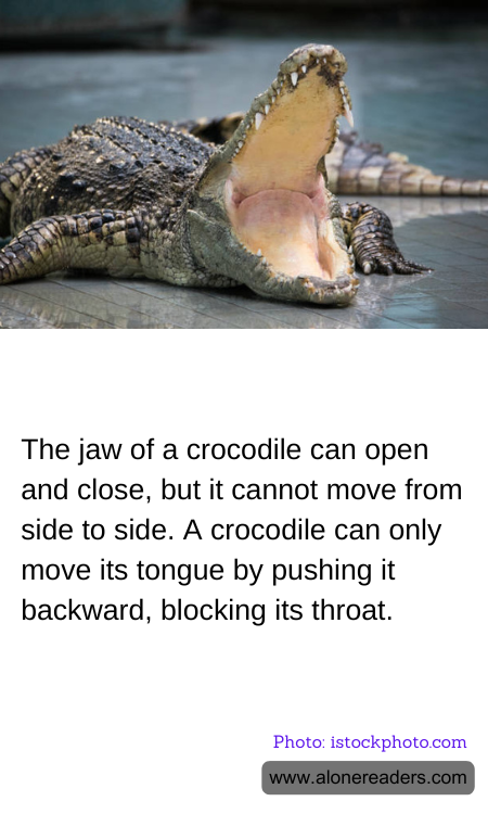 The jaw of a crocodile can open and close, but it cannot move from side to side. A crocodile can only move its tongue by pushing it backward, blocking its throat.