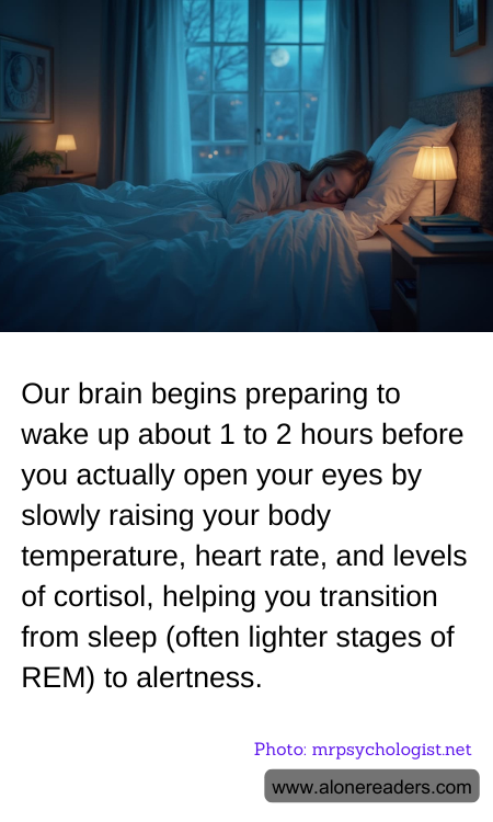 Our brain begins preparing to wake up about 1 to 2 hours before you actually open your eyes by slowly raising your body temperature, heart rate, and levels of cortisol, helping you transition from sleep (often lighter stages of REM) to alertness.