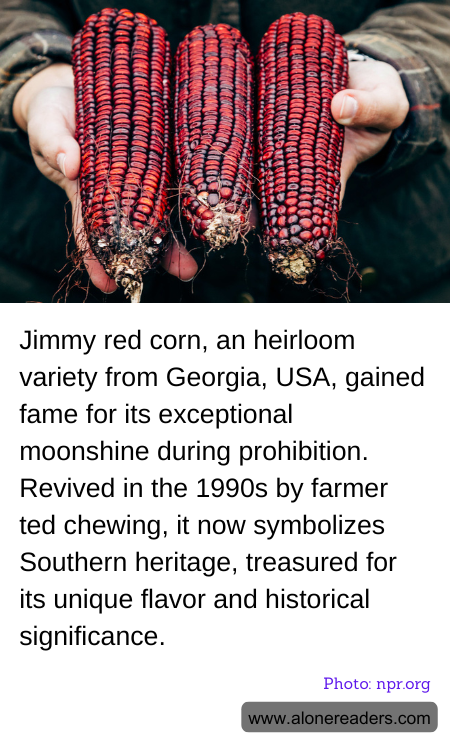 Jimmy red corn, an heirloom variety from Georgia, USA, gained fame for its exceptional moonshine during prohibition. Revived in the 1990s by farmer ted chewing, it now symbolizes Southern heritage, treasured for its unique flavor and historical significance.