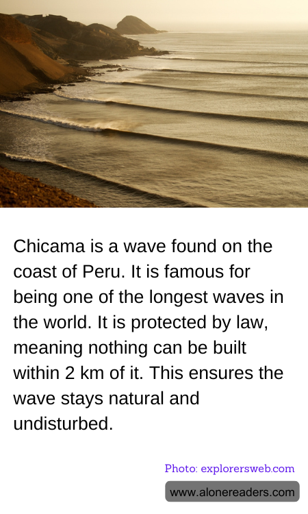 Chicama is a wave found on the coast of Peru. It is famous for being one of the longest waves in the world. It is protected by law, meaning nothing can be built within 2 km of it. This ensures the wave stays natural and undisturbed.