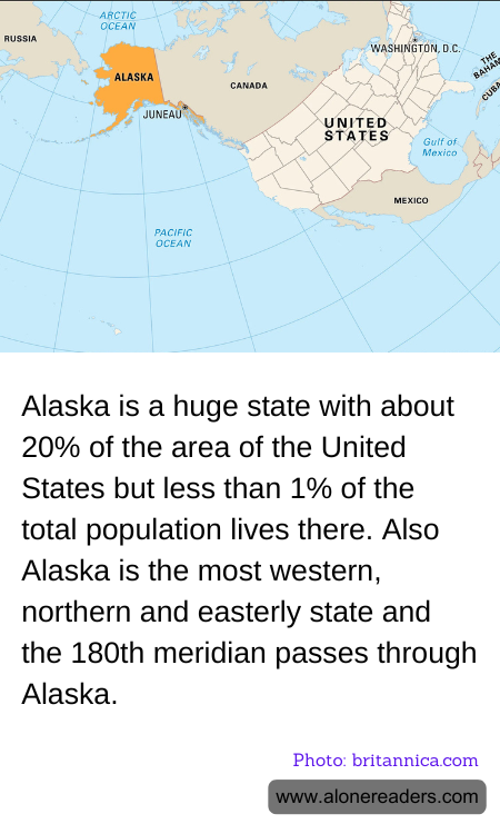 Alaska is a huge state with about 20% of the area of the United States but less than 1% of the total population lives there. Also Alaska is the most western, northern and easterly state and the 180th meridian passes through Alaska.