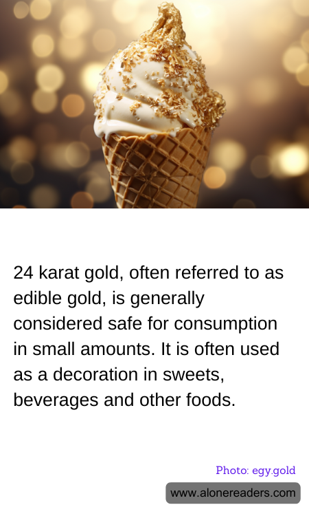 24 karat gold, often referred to as edible gold, is generally considered safe for consumption in small amounts. It is often used as a decoration in sweets, beverages and other foods.