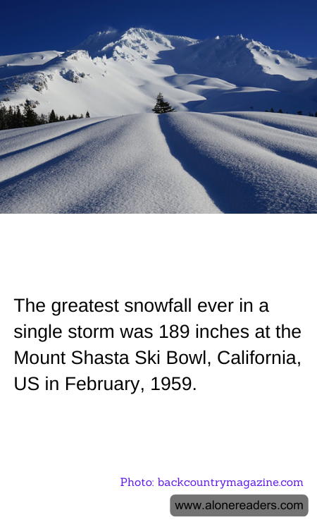 The greatest snowfall ever in a single storm was 189 inches at the Mount Shasta Ski Bowl, California, US in February, 1959.