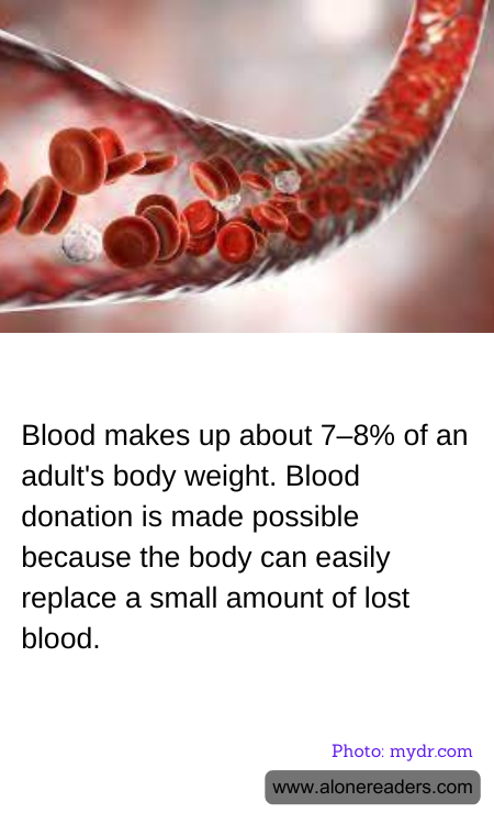 Blood makes up about 7–8% of an adult's body weight. Blood donation is made possible because the body can easily replace a small amount of lost blood.