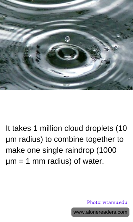 It takes 1 million cloud droplets (10 µm radius) to combine together to make one single raindrop (1000 µm = 1 mm radius) of water.