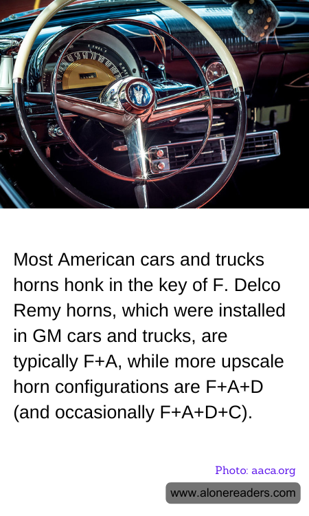 Most American cars and trucks horns honk in the key of F. Delco Remy horns, which were installed in GM cars and trucks, are typically F+A, while more upscale horn configurations are F+A+D (and occasionally F+A+D+C).