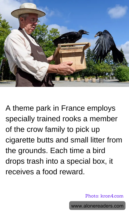 A theme park in France employs specially trained rooks a member of the crow family to pick up cigarette butts and small litter from the grounds. Each time a bird drops trash into a special box, it receives a food reward.