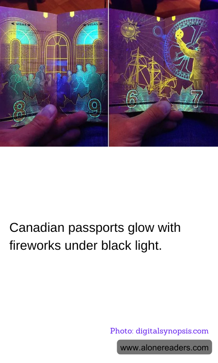 Canadian passports glow with fireworks under black light.