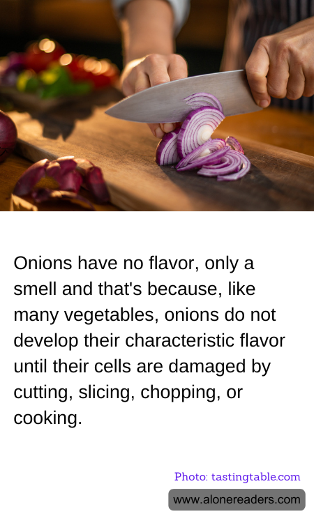 Onions have no flavor, only a smell and that's because, like many vegetables, onions do not develop their characteristic flavor until their cells are damaged by cutting, slicing, chopping, or cooking.
