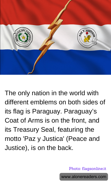 The only nation in the world with different emblems on both sides of its flag is Paraguay. Paraguay’s Coat of Arms is on the front, and its Treasury Seal, featuring the motto 'Paz y Justica' (Peace and Justice), is on the back.