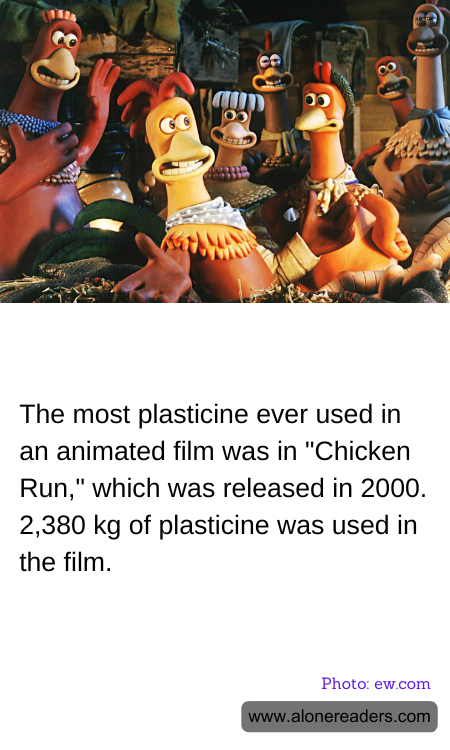 The most plasticine ever used in an animated film was in "Chicken Run," which was released in 2000. 2,380 kg of plasticine was used in the film.
