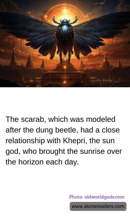 The scarab, which was modeled after the dung beetle, had a close relationship with Khepri, the sun god, who brought the sunrise over the horizon each day.