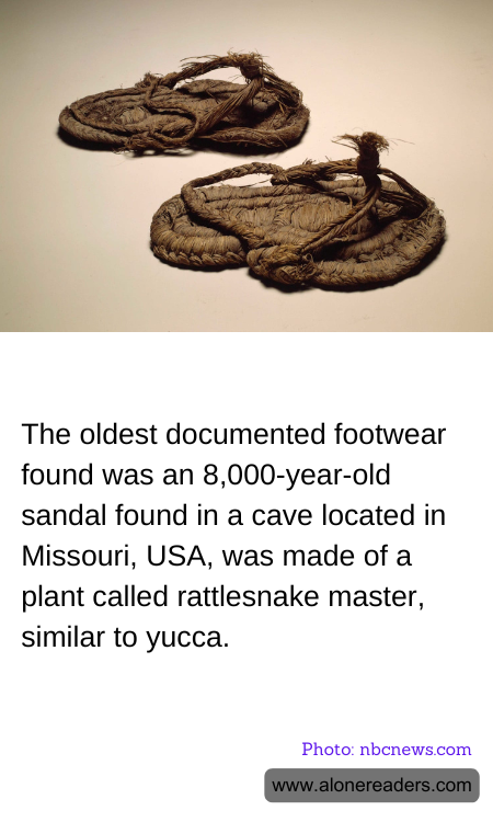 The oldest documented footwear found was an 8,000-year-old sandal found in a cave located in Missouri, USA, was made of a plant called rattlesnake master, similar to yucca.