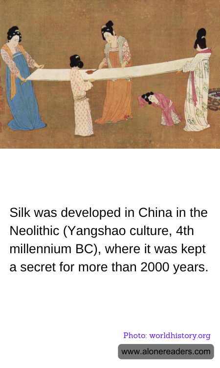 Silk was developed in China in the Neolithic (Yangshao culture, 4th millennium BC), where it was kept a secret for more than 2000 years.