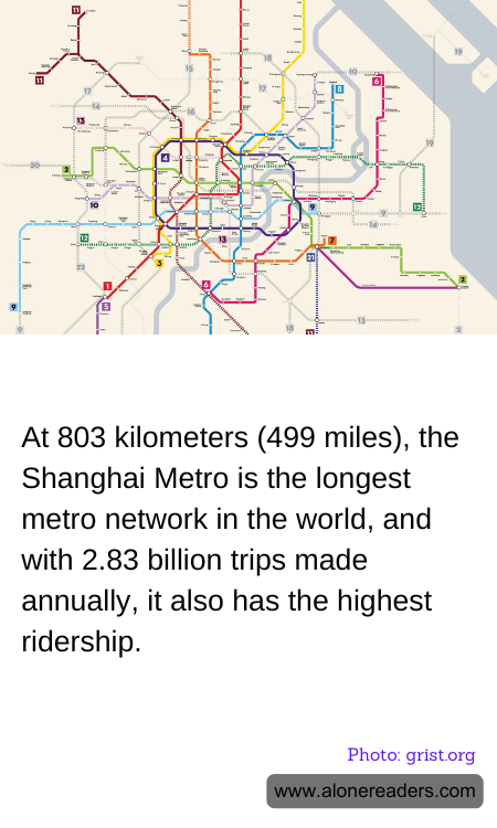 At 803 kilometers (499 miles), the Shanghai Metro is the longest metro network in the world, and with 2.83 billion trips made annually, it also has the highest ridership.