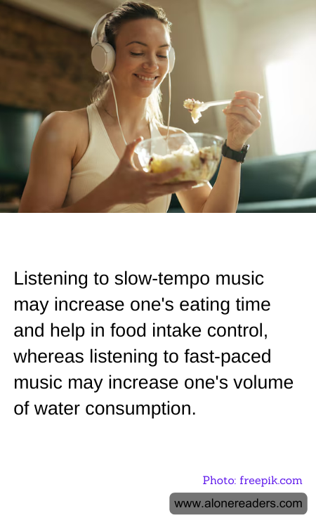 Listening to slow-tempo music may increase one's eating time and help in food intake control, whereas listening to fast-paced music may increase one's volume of water consumption.