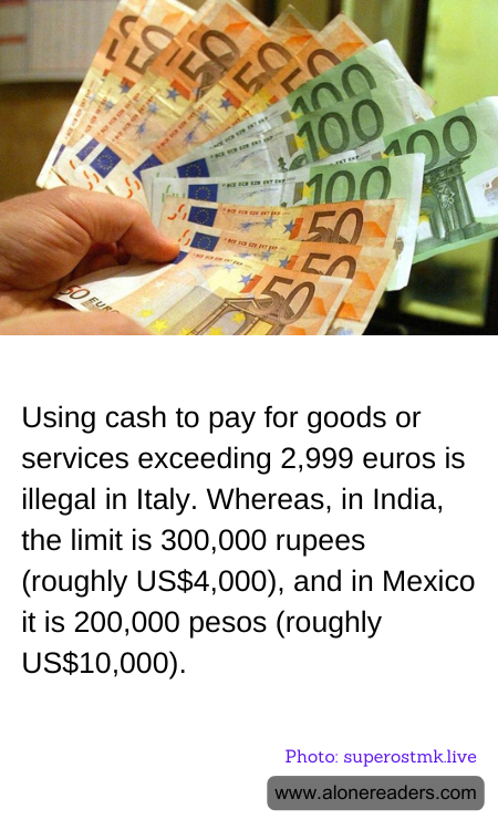 Using cash to pay for goods or services exceeding 2,999 euros is illegal in Italy. Whereas, in India, the limit is 300,000 rupees (roughly US$4,000), and in Mexico it is 200,000 pesos (roughly US$10,000).