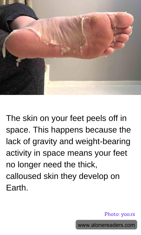 The skin on your feet peels off in space. This happens because the lack of gravity and weight-bearing activity in space means your feet no longer need the thick, calloused skin they develop on Earth.
