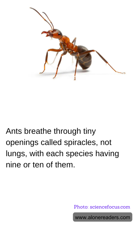 Ants breathe through tiny openings called spiracles, not lungs, with each species having nine or ten of them.