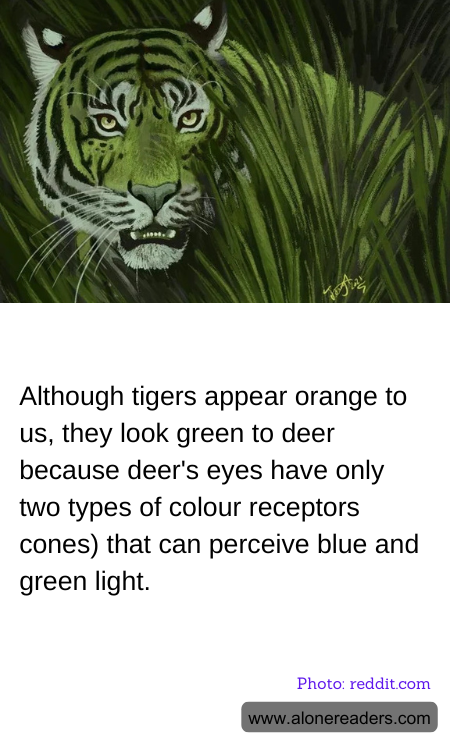 Although tigers appear orange to us, they look green to deer because deer's eyes have only two types of colour receptors cones) that can perceive blue and green light.