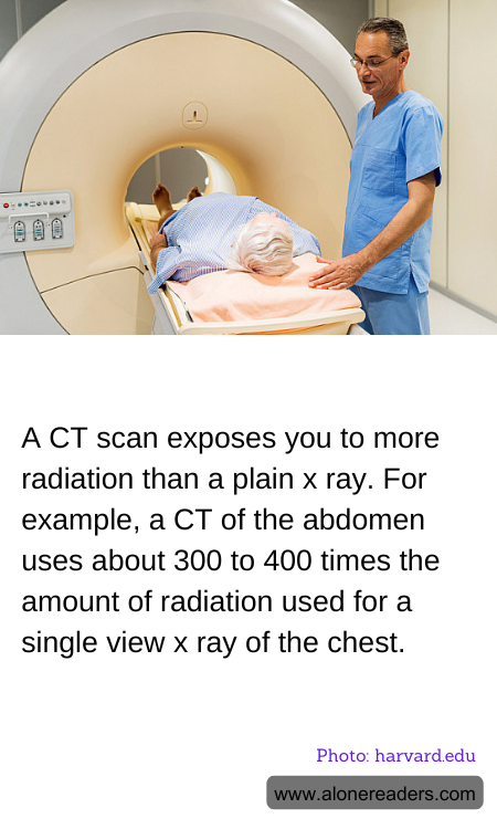 A CT scan exposes you to more radiation than a plain x ray. For example, a CT of the abdomen uses about 300 to 400 times the amount of radiation used for a single view x ray of the chest.