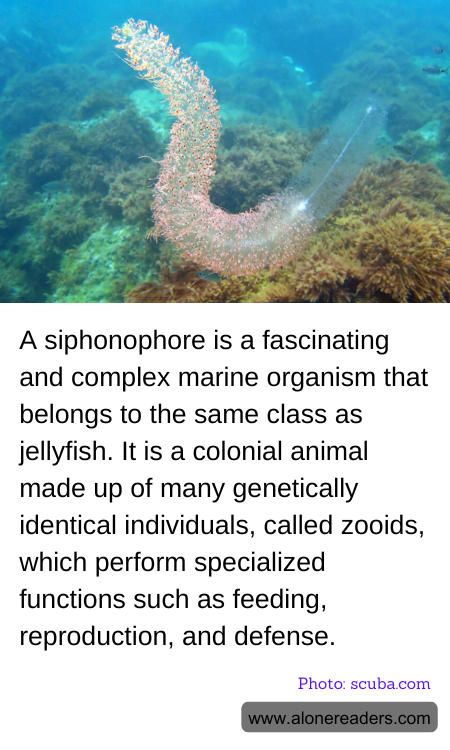 A siphonophore is a fascinating and complex marine organism that belongs to the same class as jellyfish. It is a colonial animal made up of many genetically identical individuals, called zooids, which perform specialized functions such as feeding, reproduction, and defense.