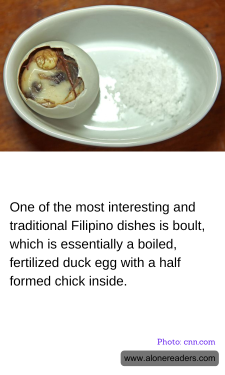 One of the most interesting and traditional Filipino dishes is boult, which is essentially a boiled, fertilized duck egg with a half formed chick inside.