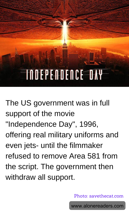 The US government was in full support of the movie "Independence Day", 1996, offering real military uniforms and even jets- until the filmmaker refused to remove Area 581 from the script. The government then withdraw all support.