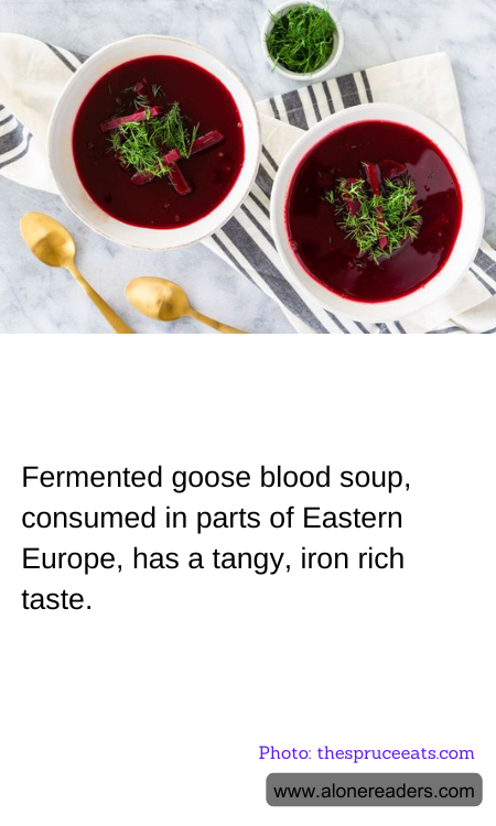 Fermented goose blood soup, consumed in parts of Eastern Europe, has a tangy, iron rich taste.