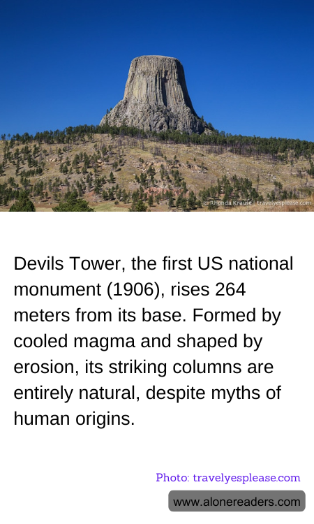 Devils Tower, the first US national monument (1906), rises 264 meters from its base. Formed by cooled magma and shaped by erosion, its striking columns are entirely natural, despite myths of human origins.