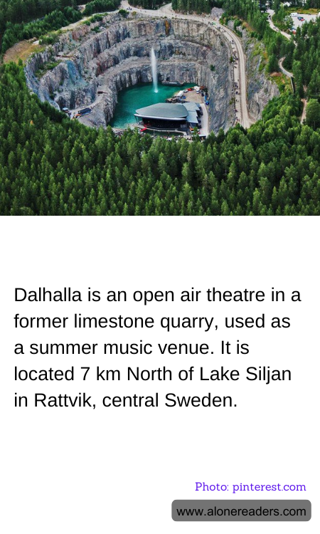 Dalhalla is an open air theatre in a former limestone quarry, used as a summer music venue. It is located 7 km North of Lake Siljan in Rattvik, central Sweden.