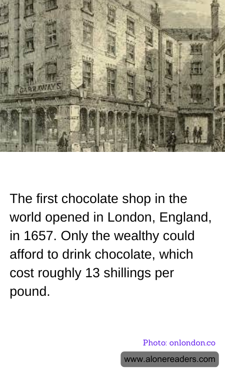 The first chocolate shop in the world opened in London, England, in 1657. Only the wealthy could afford to drink chocolate, which cost roughly 13 shillings per pound.