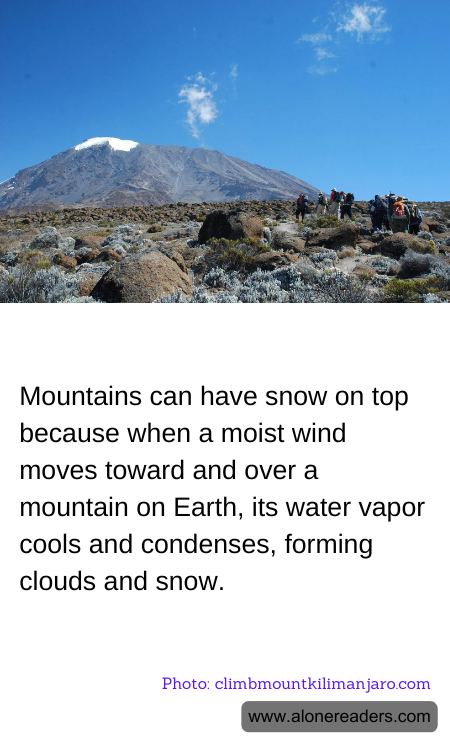 Mountains can have snow on top because when a moist wind moves toward and over a mountain on Earth, its water vapor cools and condenses, forming clouds and snow.