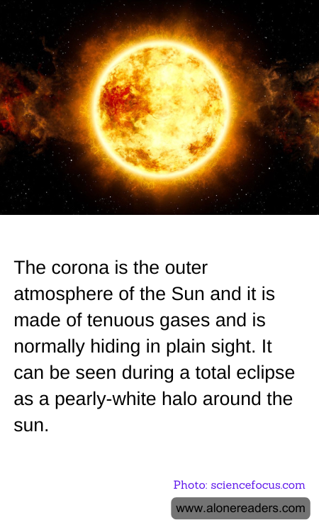 The corona is the outer atmosphere of the Sun and it is made of tenuous gases and is normally hiding in plain sight. It can be seen during a total eclipse as a pearly-white halo around the sun.