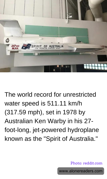 The world record for unrestricted water speed is 511.11 km/h (317.59 mph), set in 1978 by Australian Ken Warby in his 27-foot-long, jet-powered hydroplane known as the "Spirit of Australia."