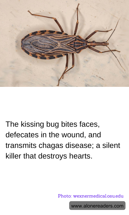 The kissing bug bites faces, defecates in the wound, and transmits chagas disease; a silent killer that destroys hearts.