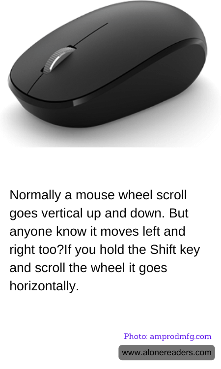 Normally a mouse wheel scroll goes vertical up and down. But anyone know it moves left and right too?If you hold the Shift key and scroll the wheel it goes horizontally.